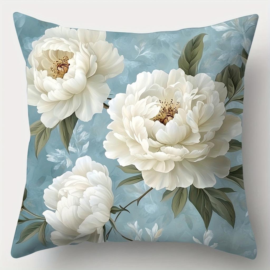 4Pcs Set, Sofa Pillow Cover, Blue Floral Pillowcase, 17.7 Inches * 17.7 Inches, Single-Sided Printing, Home Decoration, Sofa Lum