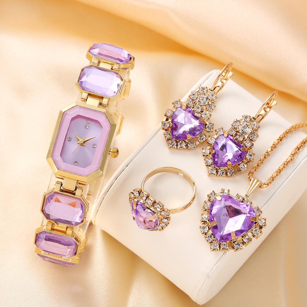 5-teiliges Luxus-Bohemian/Elegantes Schmuck- und Uhren-Set für Damen mit passendem Armband aus Legierung, Halskette, Ring, Ohrringen und quadratischer Uhr