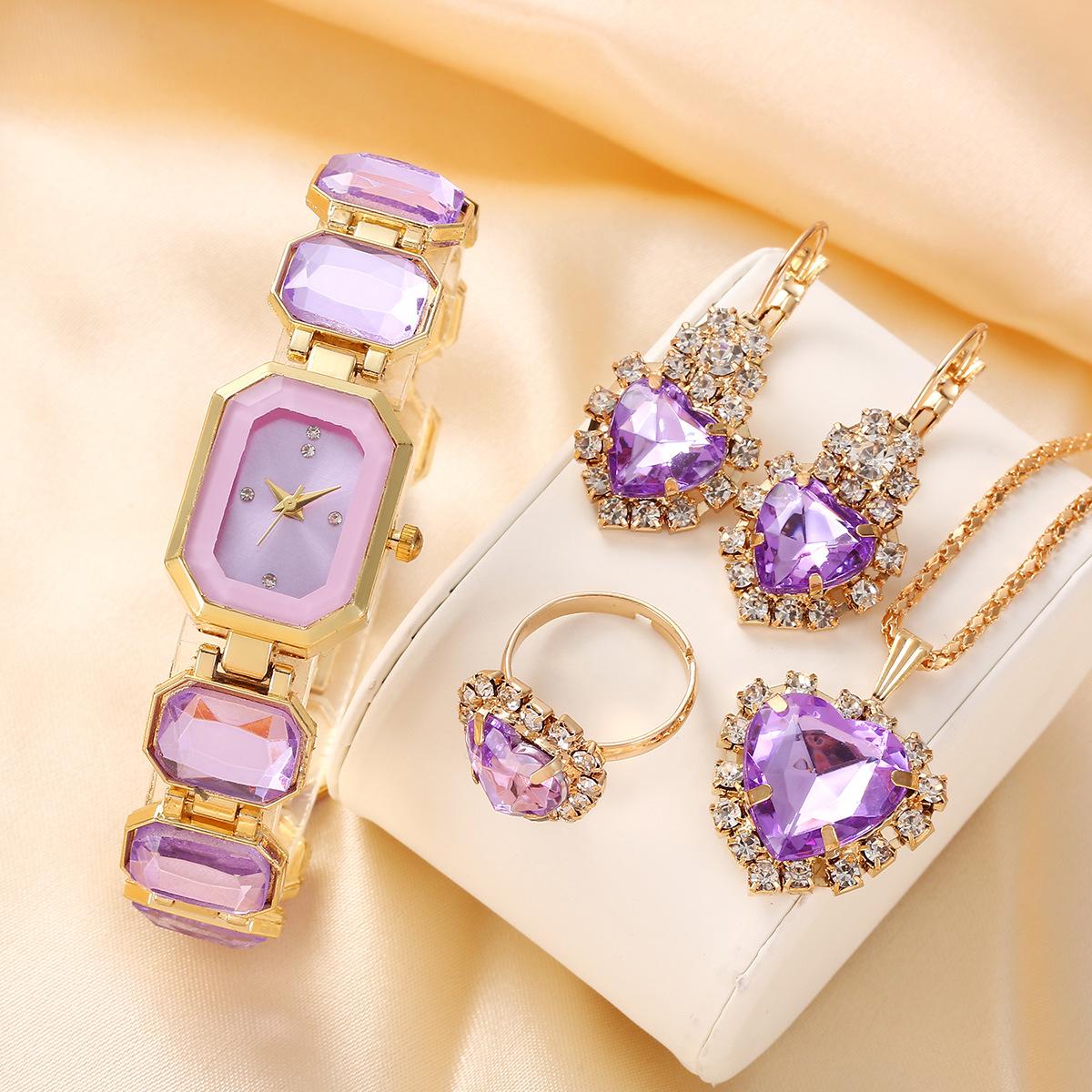 5-teiliges Luxus-Bohemian/Elegantes Schmuck- und Uhren-Set für Damen mit passendem Armband aus Legierung, Halskette, Ring, Ohrringen und quadratischer Uhr violett