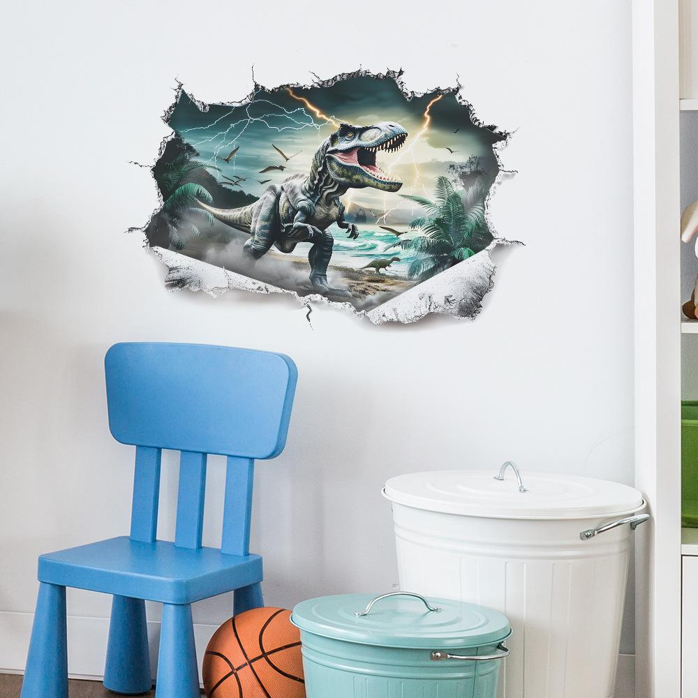 Cartoon Realistic Dinosaur Breaking Through Wall Self Adhesive Wall Sticker for Kids Room Kindergarten Decor