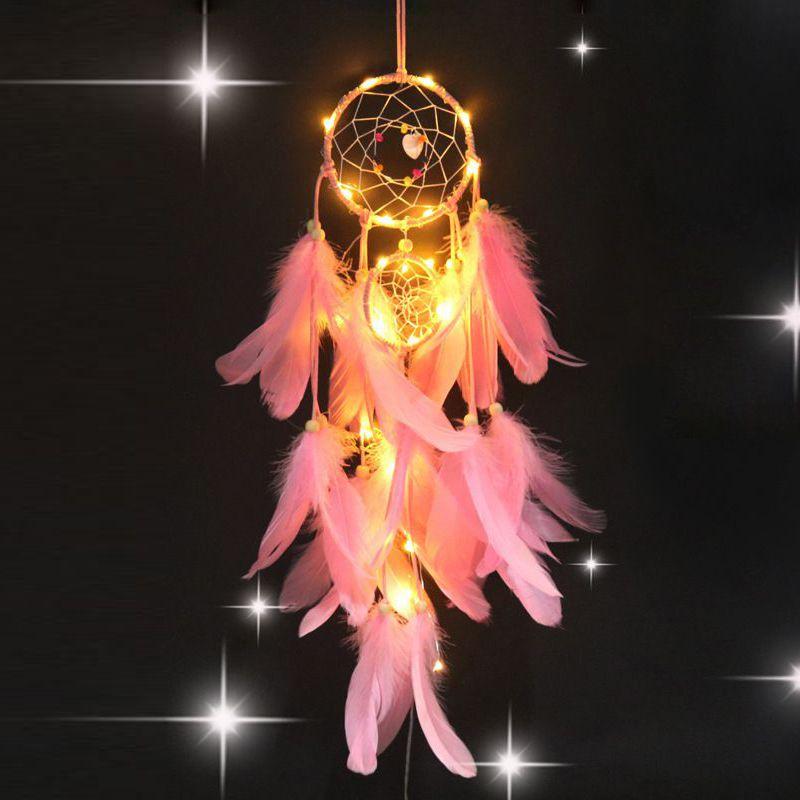 

Сердце Девушка Светодиодный Ловец Снов Национальные Перья Орнаменты Кружево Перья Ленты Pink