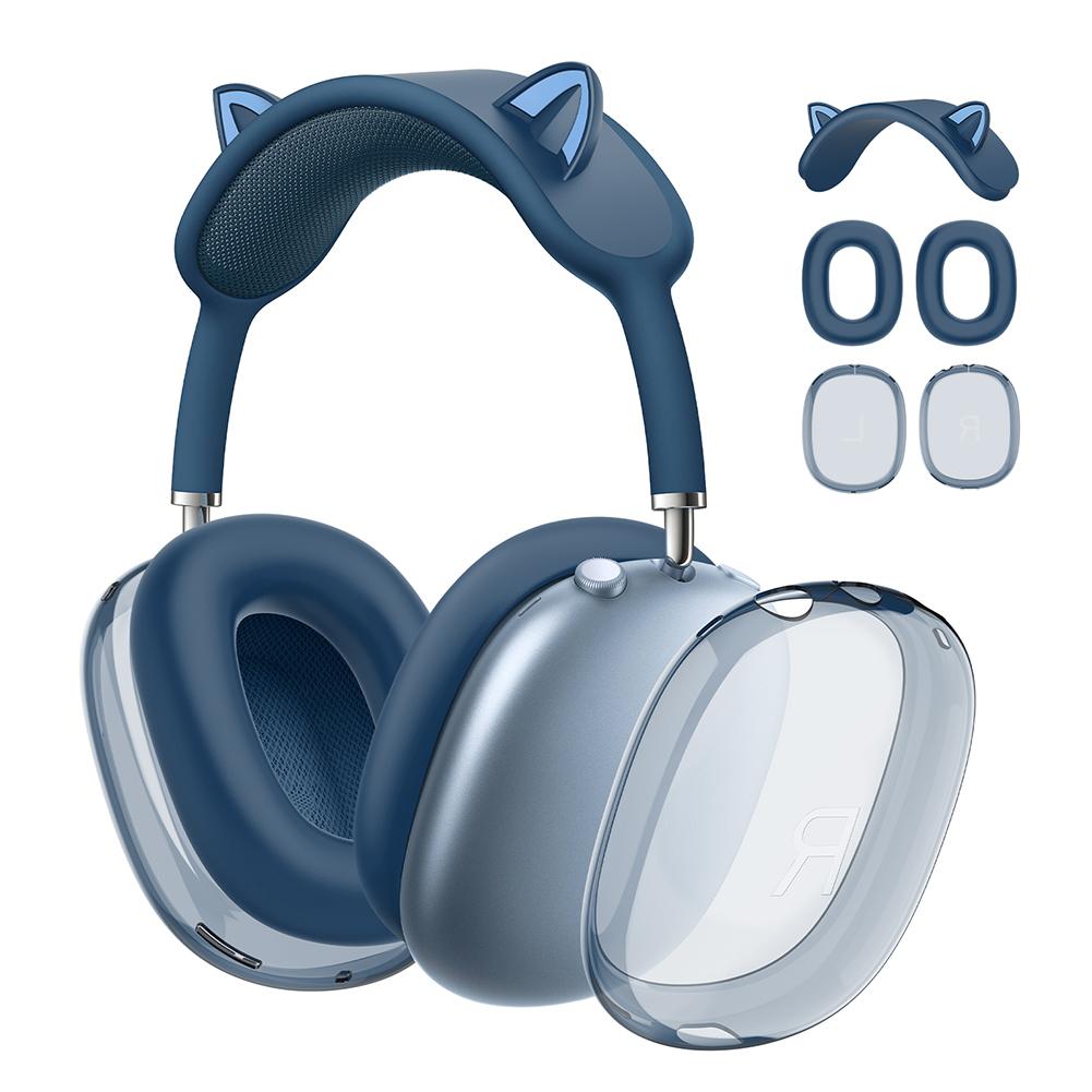 

3 в 1 Кошачьи ушки Прозрачный силиконовый + TPU чехол для AirPods Max(синий)