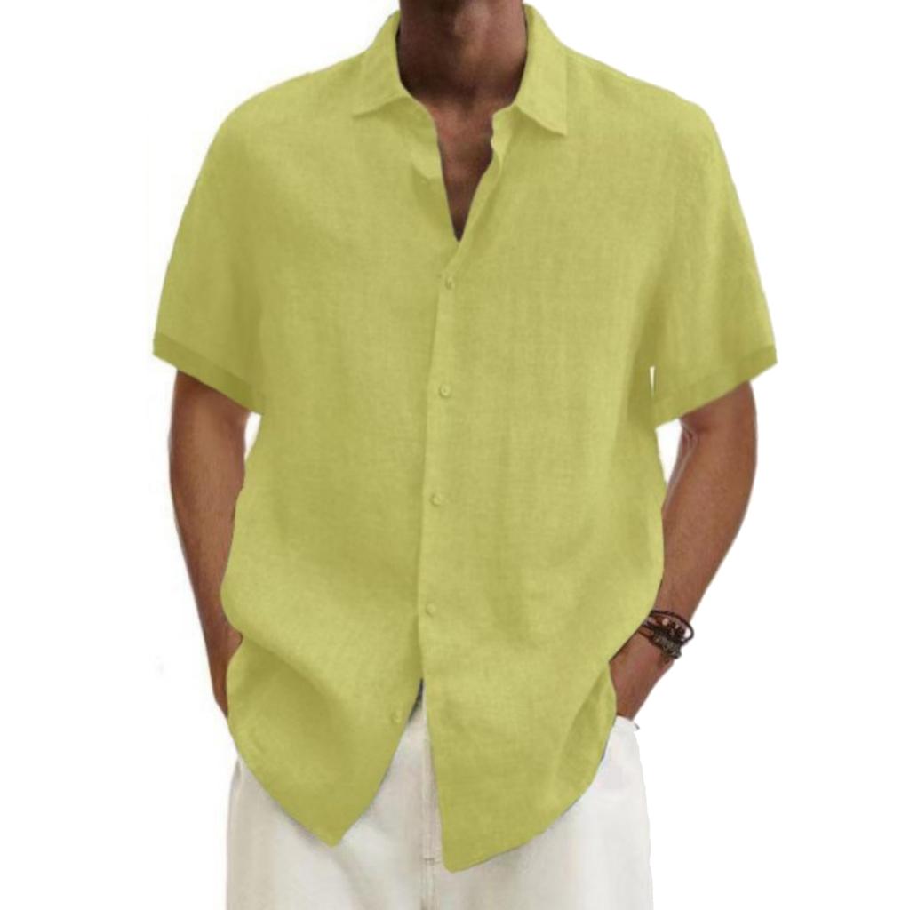 Men's Casual And Fashionable ,color Lapel Button Cardigan, Cotton And Linen Men's Short,sleeved Top