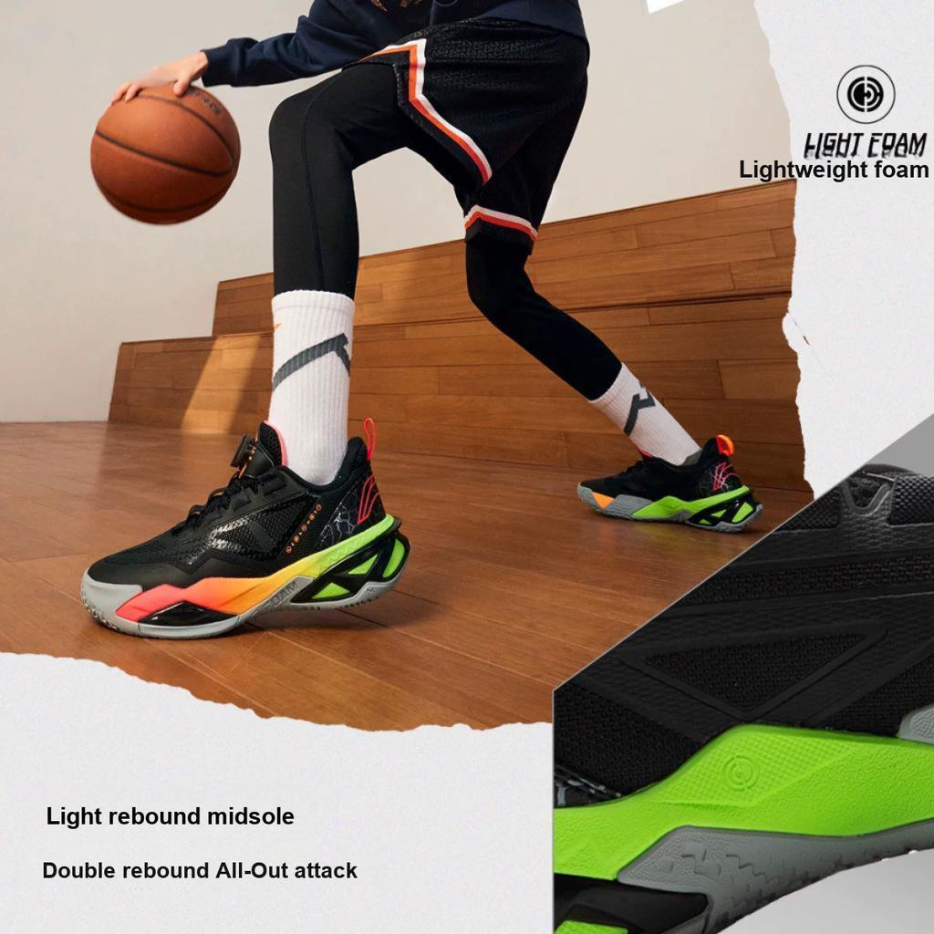 Li Ning Kids Synthetic Leather Comfortable Non-Slip Wear-Resistant Rebound Support Low-Top Basketball Shoes Kids Sneaker Black YKBU080-1