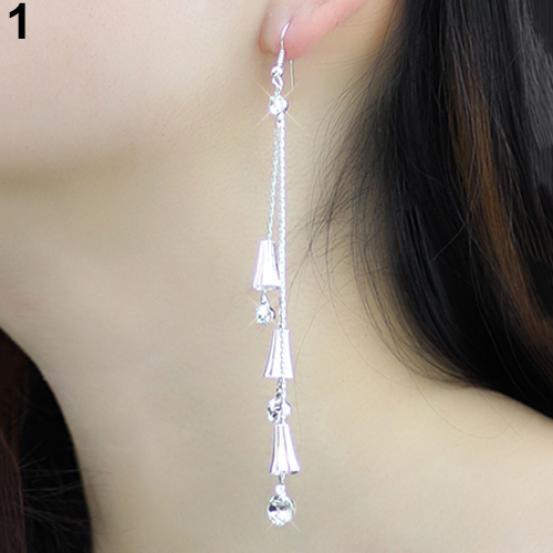 Women Rhinestone Bell Cross Pendant Wedding Party Long Tassels Linear Earrings AVE