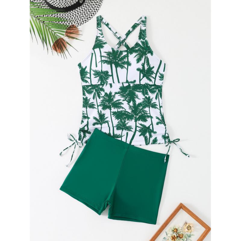 2026 Women's Coconut Tree Print Tankini Set with High-Waisted Briefs