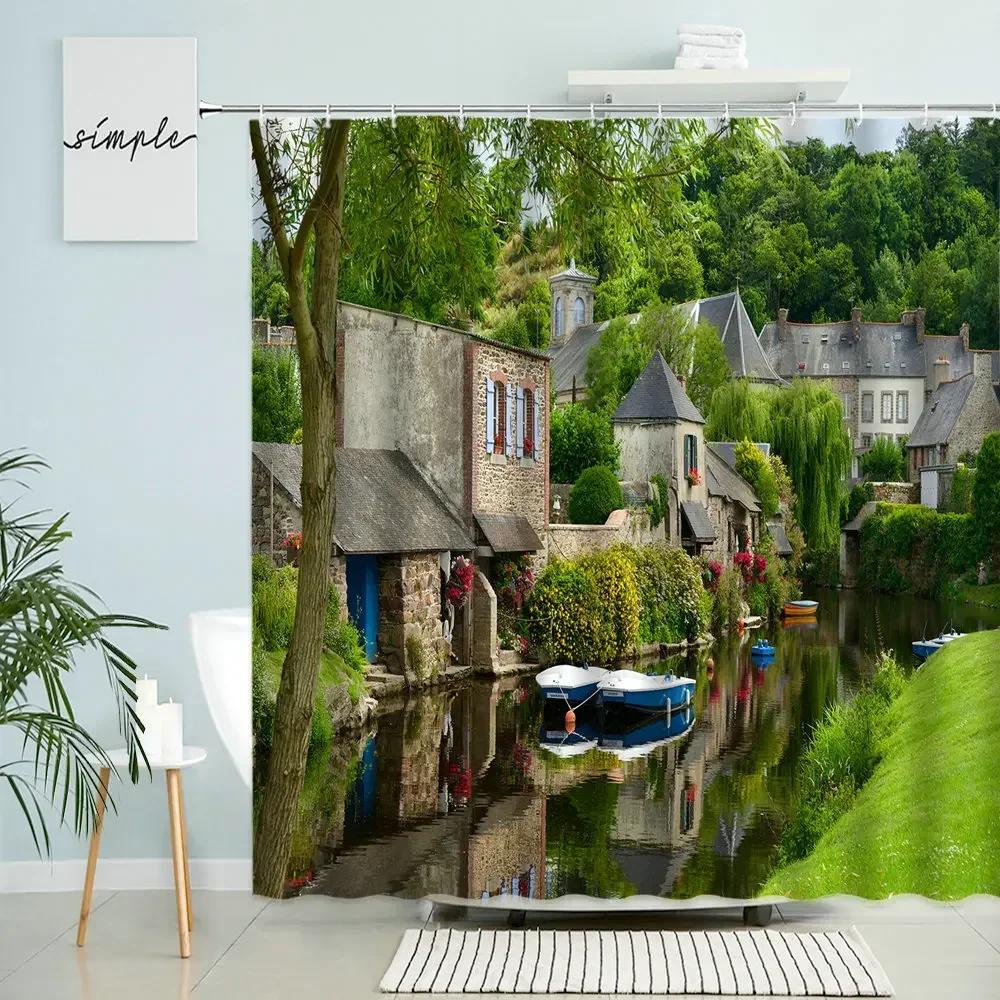 

Garden Scenery Shower Curtain Country Farmhouse Wooden House Green Plants Flower Spring Nature Photography Bathroom Decor Screen 90x180cm-35x70in