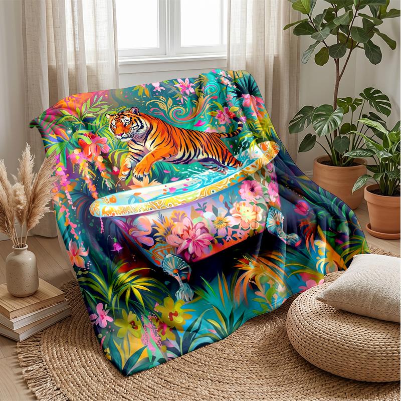 Tiger In Floral Bathtub 3 Theme Blanket Lightweight Warm Flannel Blanket Decorative Throw Blanket for Home Decoration