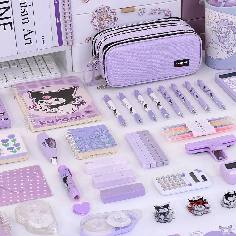 3 Compartment Pouch Double Side Opened Student Stationery Desk Organizer Makeup Bag Kawaii Pencil Case Large Space Storage