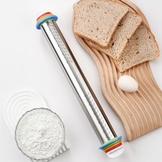Easy to Clean Rolling Tool for Cookies Pin with Thickness Rings, Ergonomic Measurement Markings Kitchen Tool, Rust Resistant Metal Dough Non-Stick