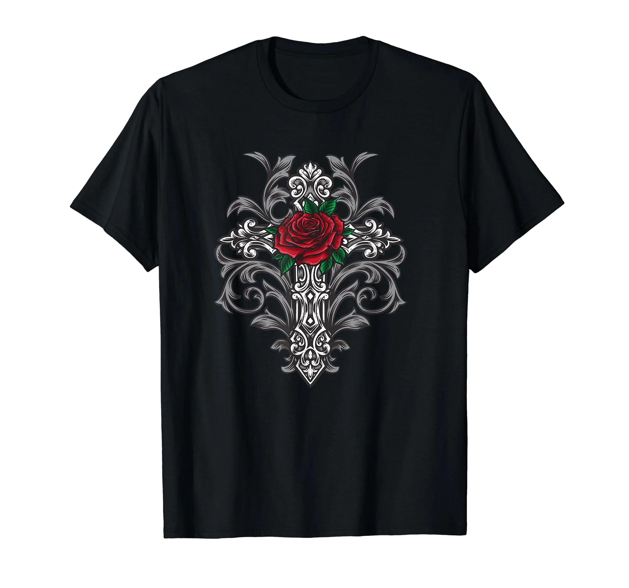 Gothic Rose Cross Graphic Tee Unisexs Breathable Cotton TShirt Short Sleeve Casual Top L