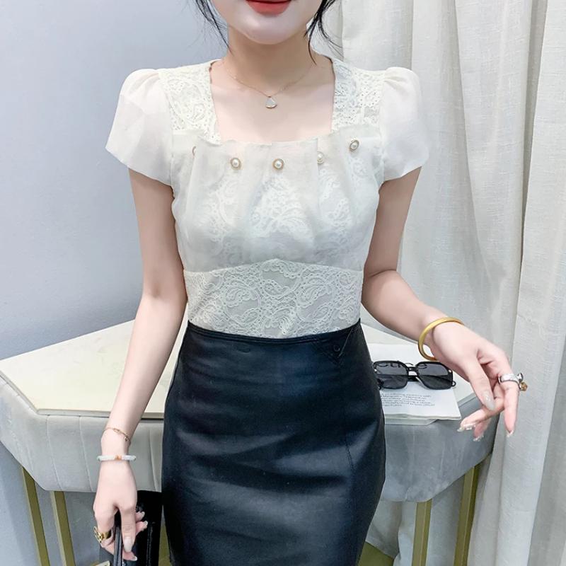 Tricou Clasic de Vară cu Dantelă pentru Dame Haine Sexy Decolteu Pătrat Nasturi cu Perlă Topuri Slim Cămăși Elegante Mânecă Scurtă Tricouri Femei