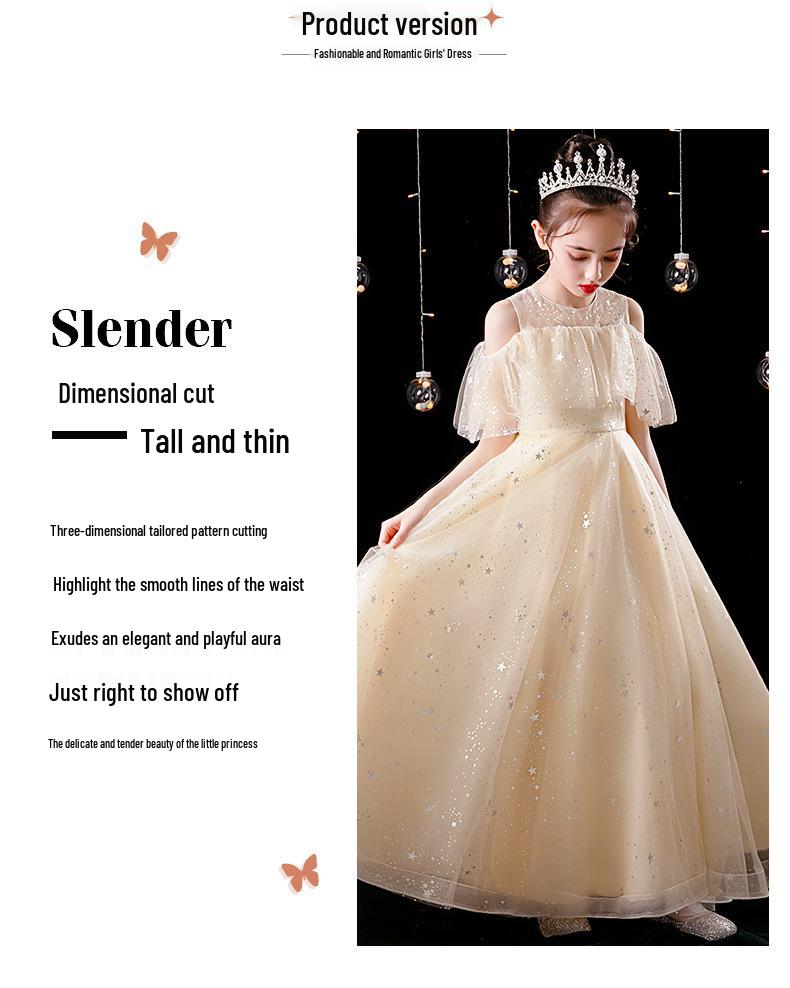 Elegant Girls' Long Formal Champagne Dress for Summer Piano Performance