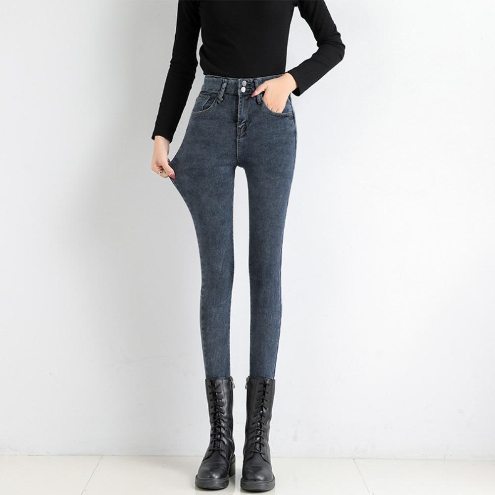 Korejská verze vysokých a malých džínů pro dámské jaro a podzim s vysokým pasem a tenkých, slim-fit elastických tužkových džínů s dvojitou přezkou