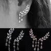 Women Gold Silver  Zircon Leaves Tassel Ear Stud Earrings Jewelry