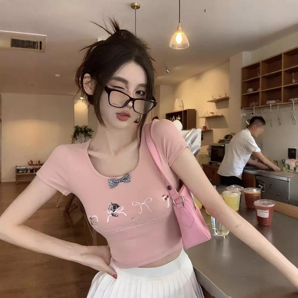 Pure desire hottie cat print u-neck short-sleeved T-shirt women's summer tight bow pink sweet and thin short top