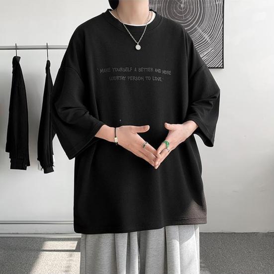 O-Neck 3/4 Sleeve Men T-shirt Ice Silk Thin Moisture Wicking Oversized Letter Print Tee Shirt Daily Clothing