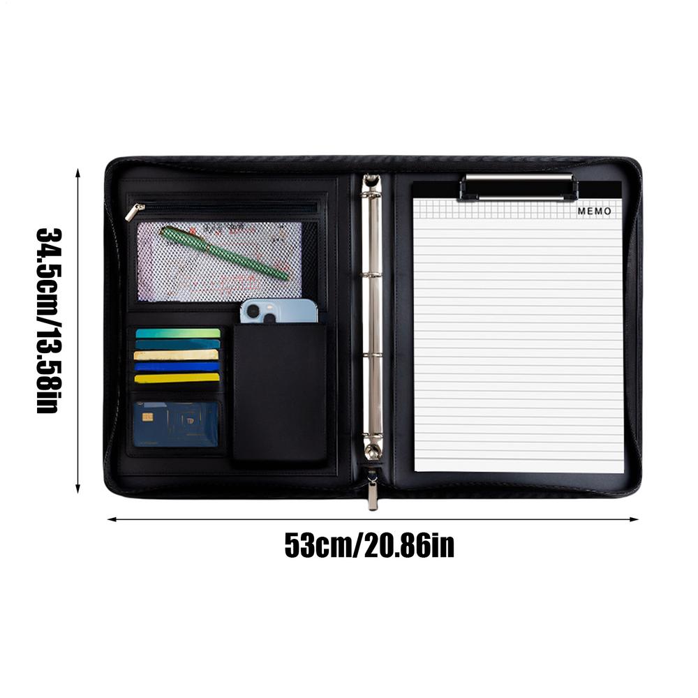 Multifunctional Leather Folder Large capacity zipper file bag clutch PU briefcase with A4 notepad and binder Travel storage bag