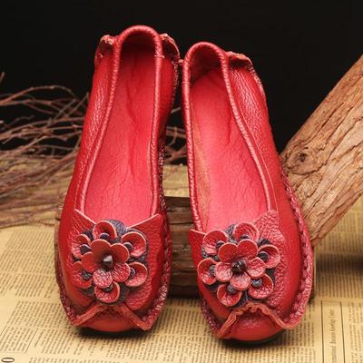 Mocasines Rojos Costura Hecha a Mano Zapatos Retro Para Mujer 2024 Loafers de Flores Étnicas Zapatos de Mujer de Cuero Genuino