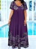 Plus-size women's spring/summer dress, round neck, short sleeves, floral print.