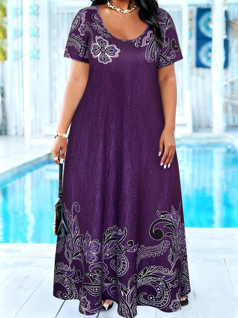 Plus-size women's spring/summer dress, round neck, short sleeves, floral print.