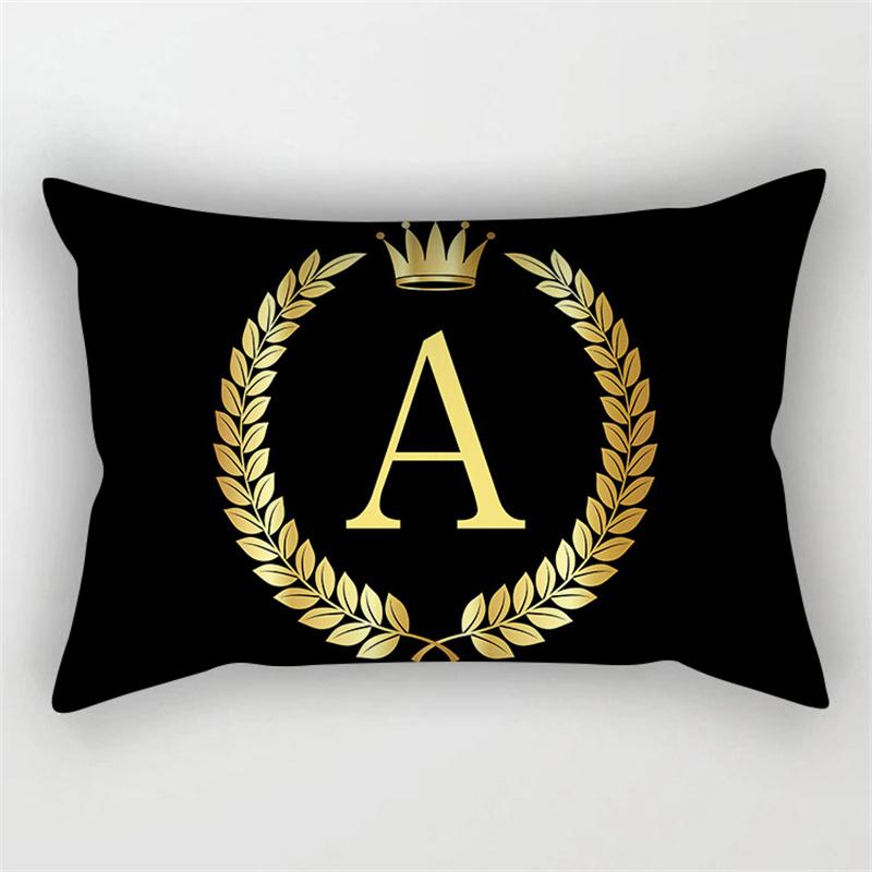 Gold Color Letter Cushion Cover 30x50cm Rectangle Pillow Case Crown Leaves Plant Polyester Black Sofa Pillow Cover Home Decor