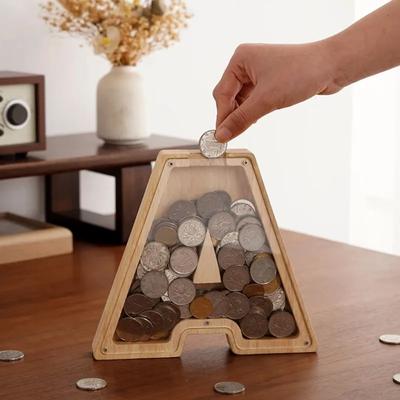 English Alphabet Moneybox Coin Money Piggy Bank Wooden Letter Saving Box Desktop Ornament Home Decor Crafts For Kids