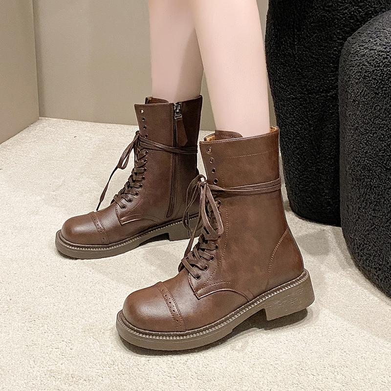Fall New Round Front Lace-up Side Zipper Comfortable Mid-calf Boots for Women Chunky Heel Boots