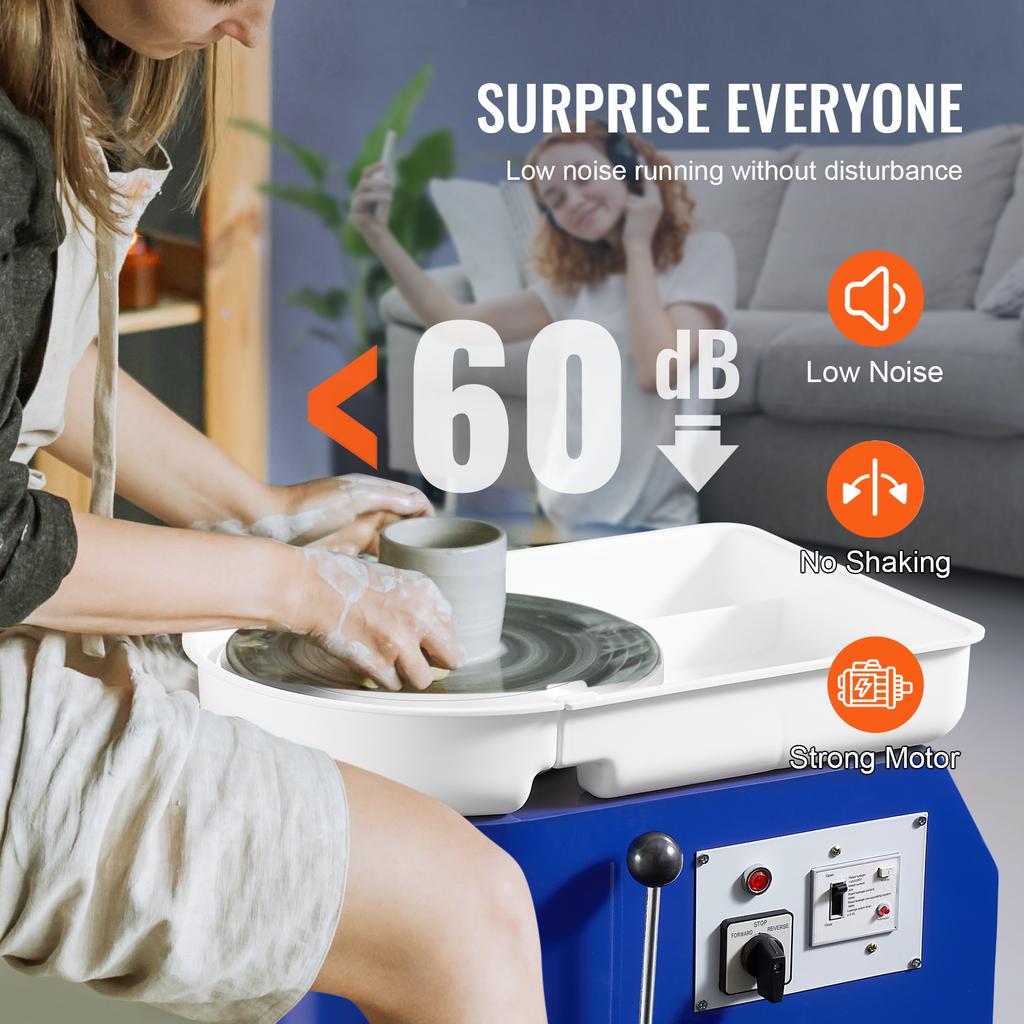 SucceBuy 11in Pottery Wheel Ceramic Forming Machine Adjustable 60-300RPM Speed Handle Foot Pedal Control ABS Detachable Basin