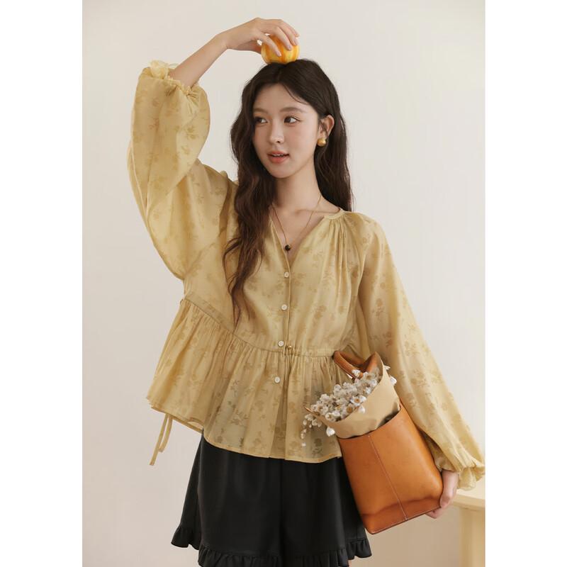 Mishow Women s Yellow Floral Lantern Sleeve V-Neck Blouse S