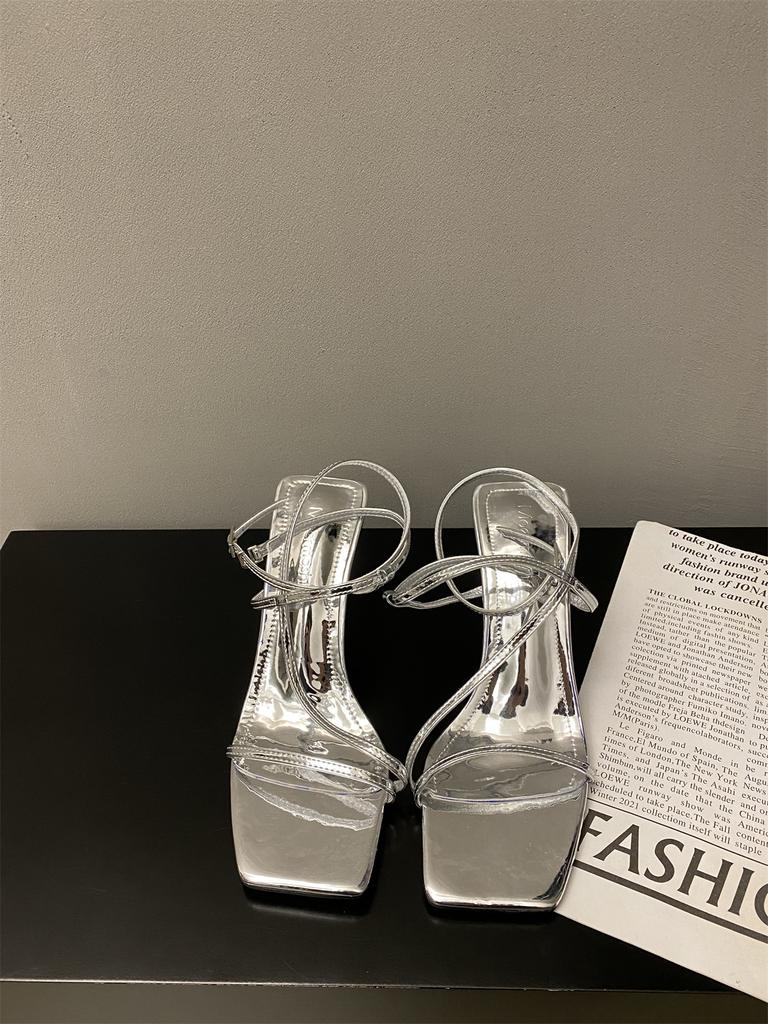 2025 Spring and Autumn New French Niche High-heeled Sandals Temperament Square Head Buckle Stiletto Strap Stiletto Sandals