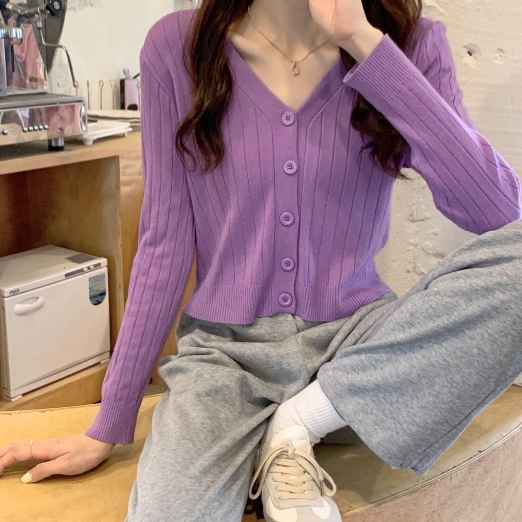 Autumn Winter V Neck Cropped Long Sleeve Knit Cardigan Women Solid Outerwear Coat