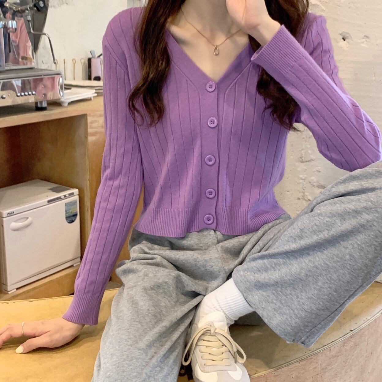 

Женский вязаный кардиган с V-образным вырезом, укороченный, с длинным рукавом, однотонный, пальто для верхней одежды на осень-зиму One Size фиолетовый