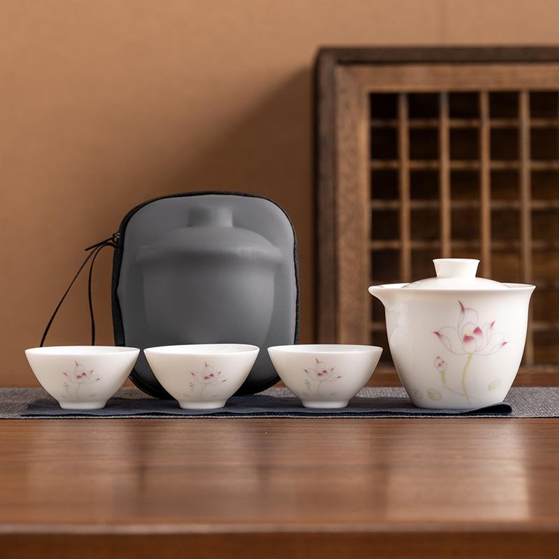 Suet jade porcelain high-end travel tea set, a pot of three cups, portable set, light luxury business commemorative holiday gifts
