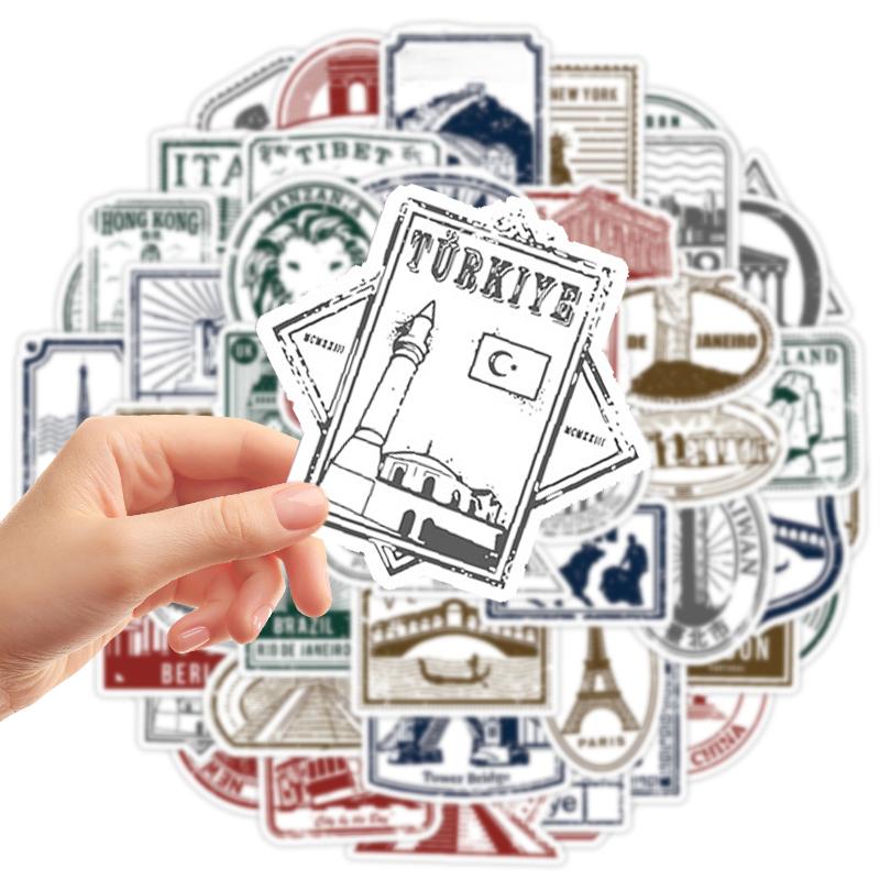 50 Stück Vintage Briefmarken Aufkleber Reise Weltberühmte Länder Regionen Wahrzeichen Aufkleber Dekorative Wasserdichte Vinyl Aufkleber für Gepäck