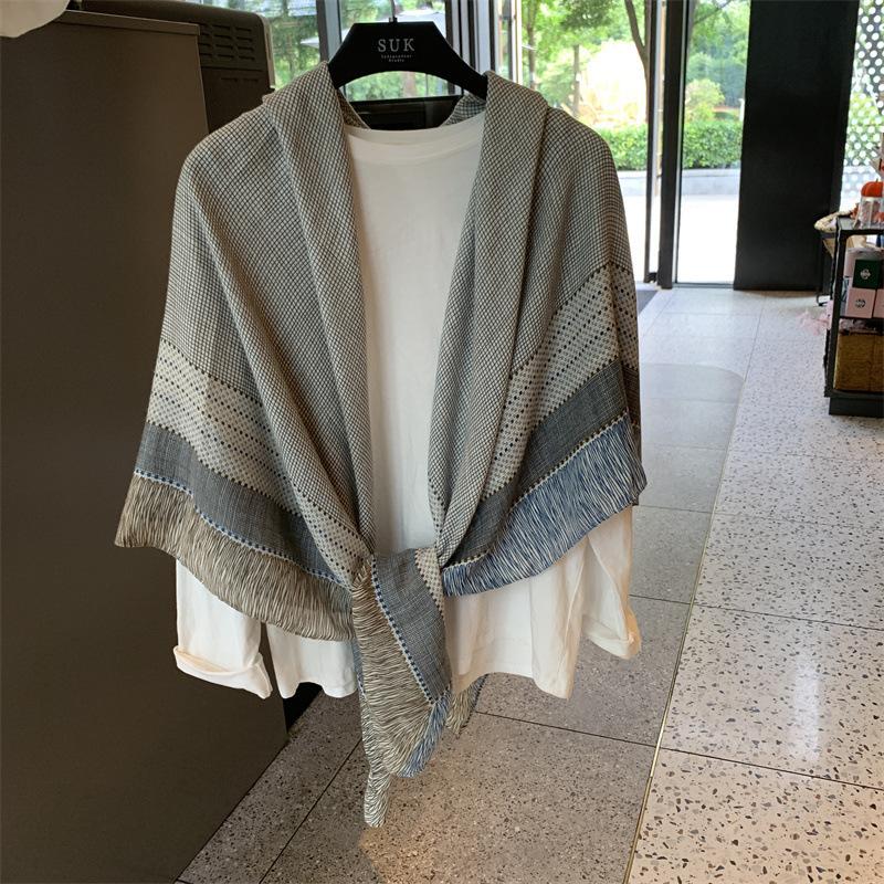 Blue Retro 130 Square Scarf Summer Air-Conditioned Room Shawl Sunscreen Silk Scarf Spring And Autumn Linen Scarf