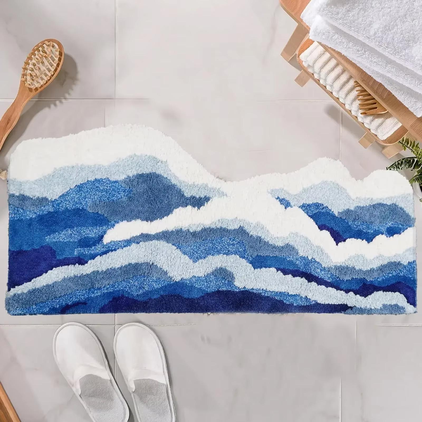 

Aesthetic Wave Tufted Carpet Bathroom Mat Ocean Sea Blue Plush Carpet Home Decor Livingroom Decoration Bedroom Rug 50X80CM(1.6X2.6FT