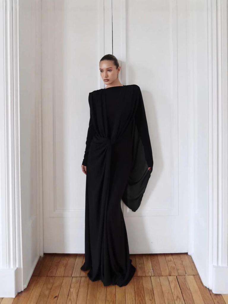 White High-Neck Long-Sleeve Formal Dress with Artistic Chest Decoration
