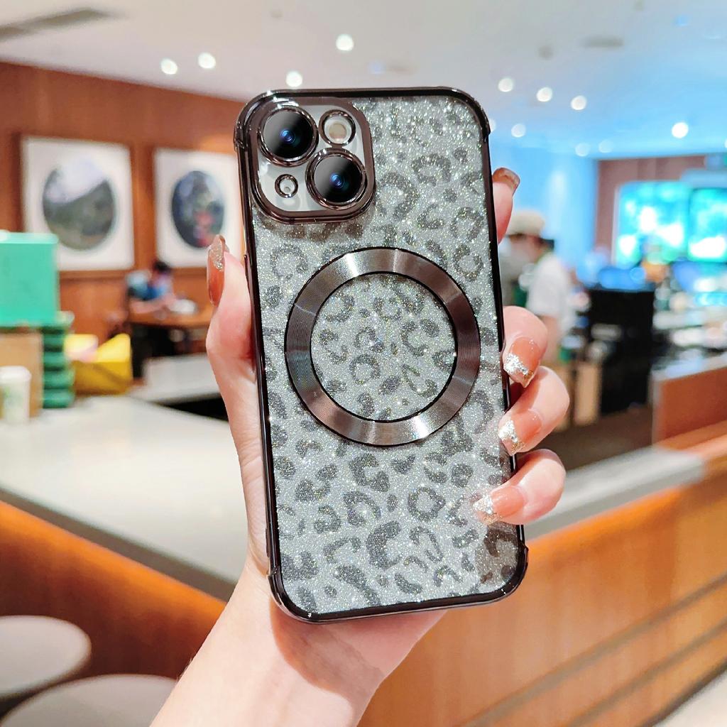 For iPhone 15 Case Compatible with MagSafe Bling Glitter Leopard Print TPU Clear Phone Cover