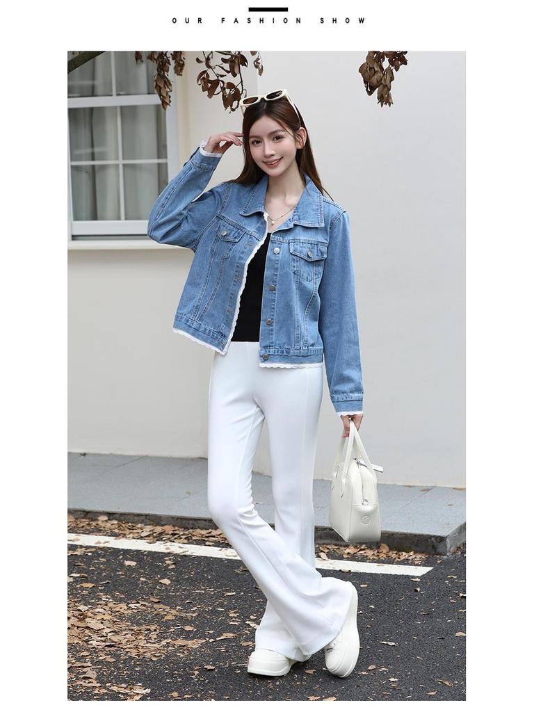 Lässige Jeansjacke im koreanischen Stil mit Spitzenbesatz