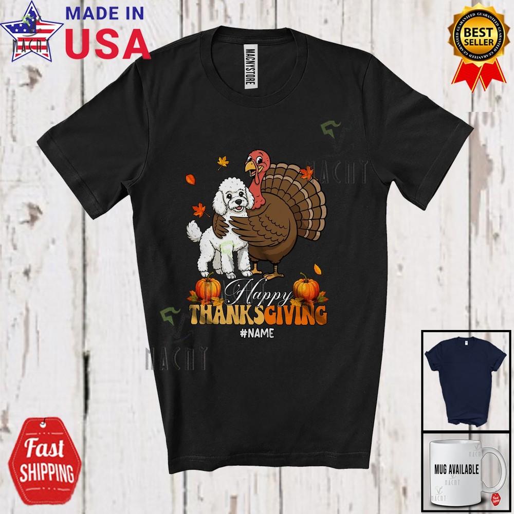 Футболка с пользовательским именем «Счастливого Дня благодарения, милый пудель обнимает индейку, осень, друзья» L