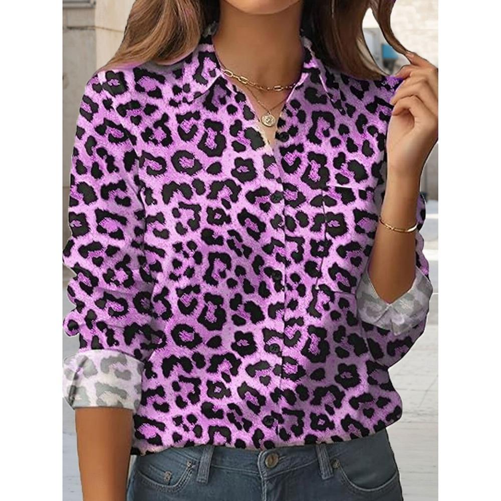 Women's Shirts Leopard Vintage Graphics Blouse Lapel Neck Blouse Women's Long Sleeve Shirts Womens Clothes Female Clothing