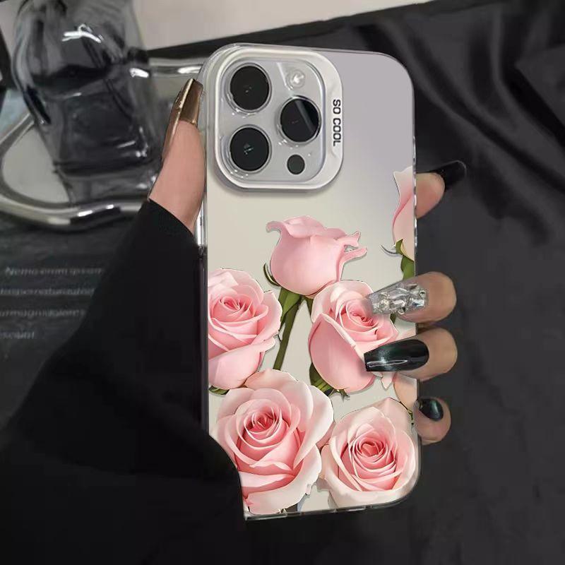 Pink rose flower case suitable for Apple 15 Pro Max, iPhone 16, beautiful 1413, fresh and simple 17
