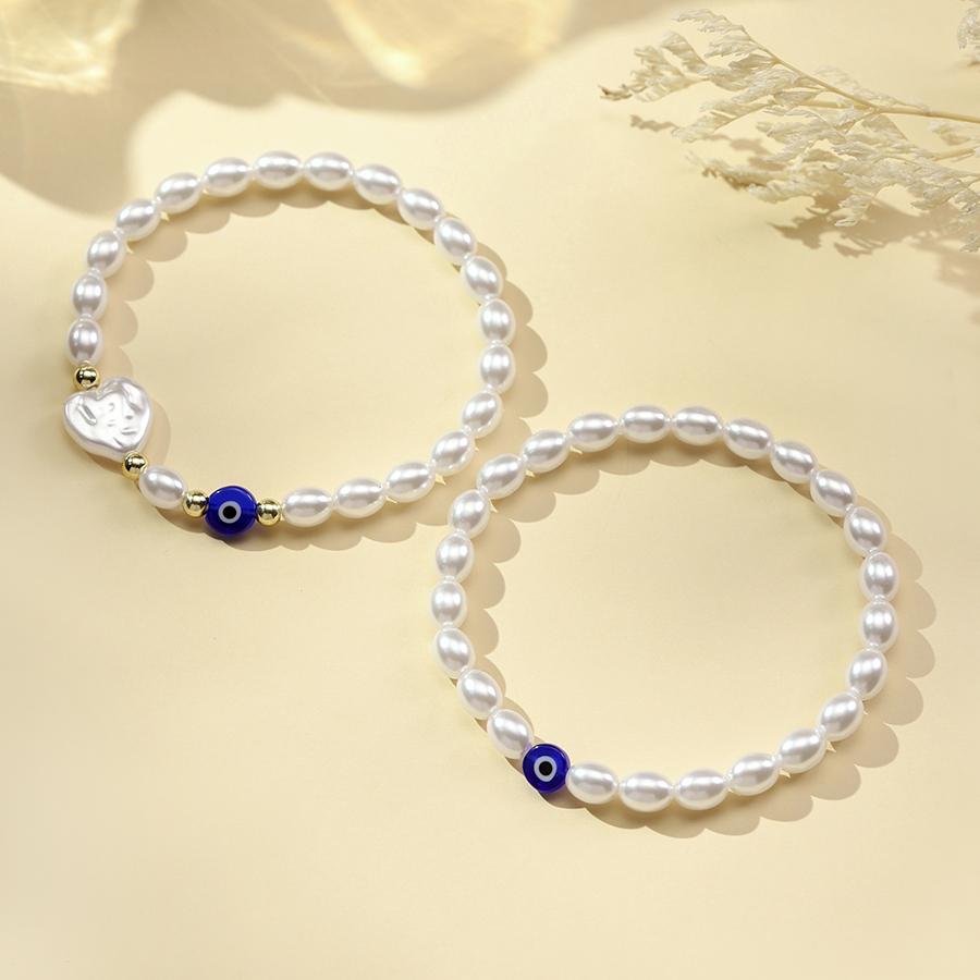 

2Pcs Boho Double Layer Pearl Bracelet For Women Evil Eye Heart Charm Elastic Beaded Braclet Minimalist Daily Wear Jewelry Gift 17-18cm(6.7-7.1inch) темно-синього кольору