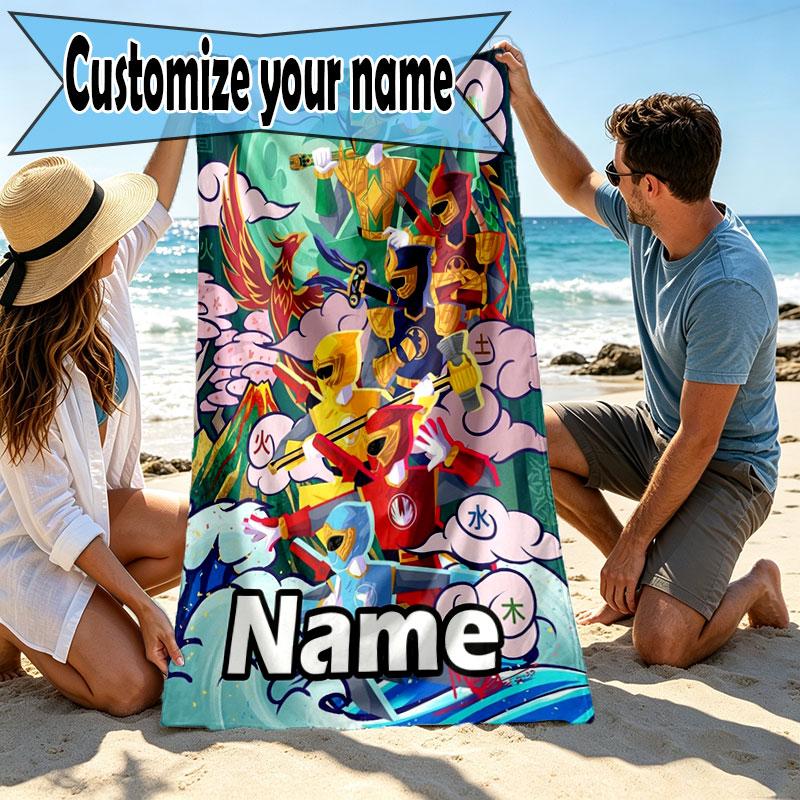 Custom Name Personalized Power Rangers Print Beach Towel, for Trip Camping Beach Party Home Decor, Birthday Gift for Family & Friends