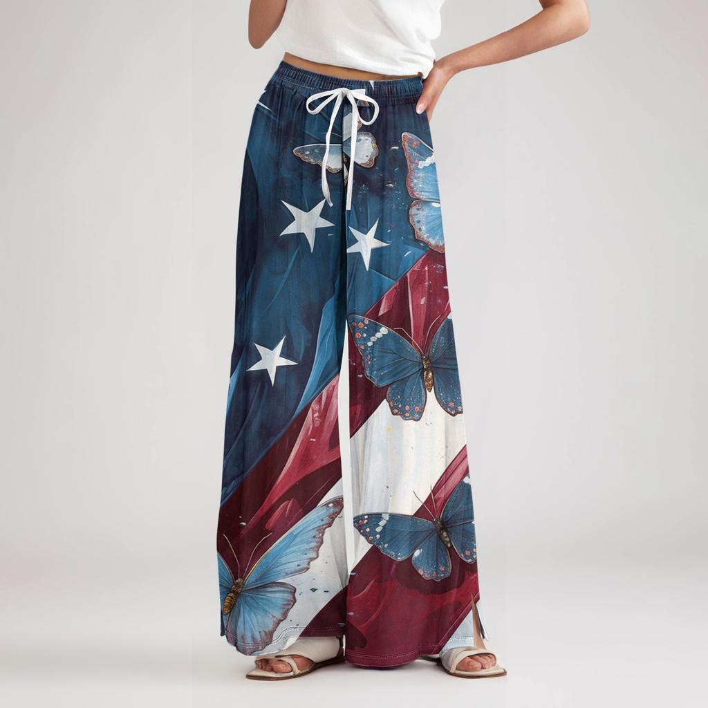 Ladies' loose casual independent day printed wide leg pants with elastic waist drawstring and pocket pants