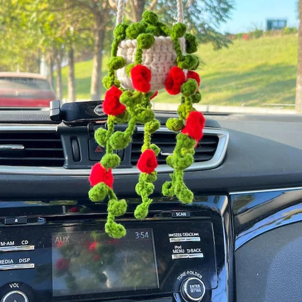 Crochet Hanging Plant for Car, Cute Car Plant Accessories, Knitted Plant Car Mirror Hanger, Boho Car Plant Crochet Hanging Basket (A)