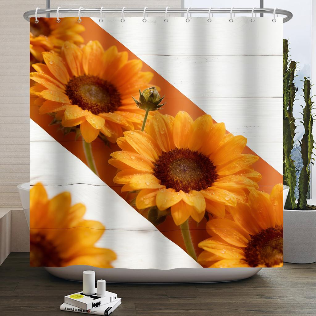Flower Theme Bathroom Shower Curtain Fresh Sunflowers Roses Lilies Decoration Waterproof Bathroom Polyester Curtain With Hooks