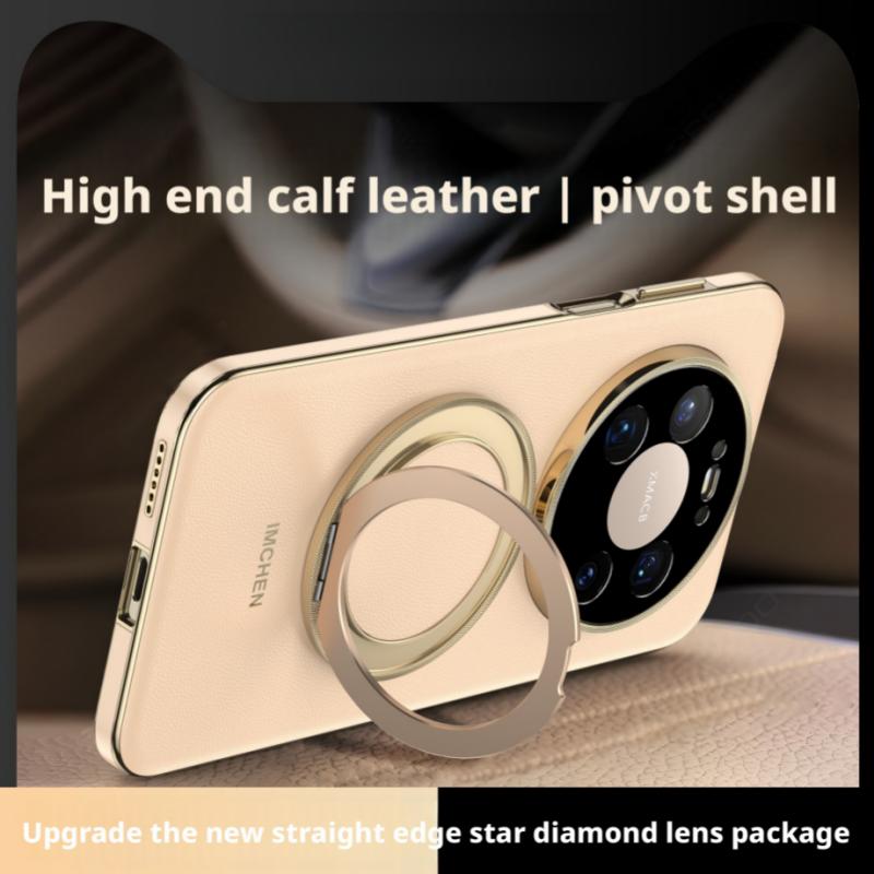 Luxury Grade Calfskin Leather Case For Huawei Mate 80 Pro Max Straight Edge Design Rotatable Holder Full Lens Coverage Cover