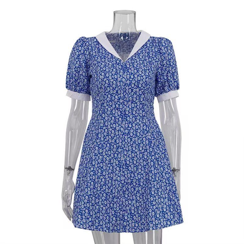 

European and American Temperament Elegant Lapel High Waist Blue Floral Dress High Waisted Floral Dress Blue L